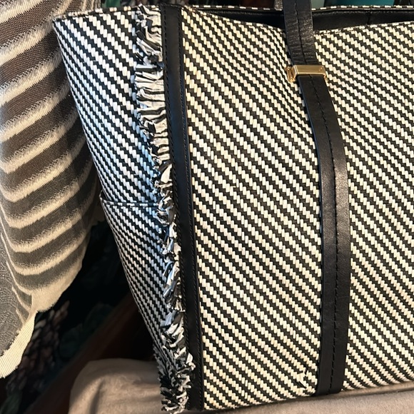 Brian Atwood Black & White Rafia Tote w Fringe Detail & Black Leather Straps